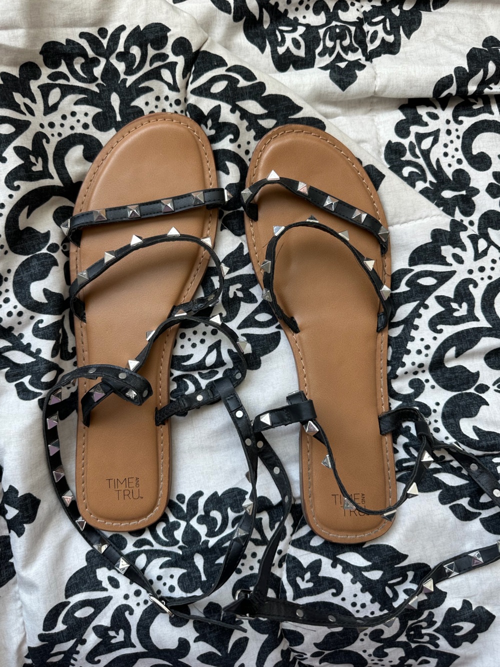 Time and Tru Beige and Black Studded Strappy Sandals